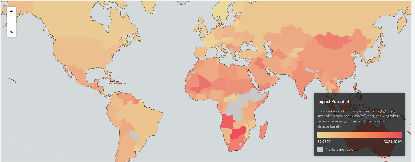World map shading each country by solar impact potential (the combined effect of grid emissions and solar irradiance) from the Decarb.Earth Impact Potential Map