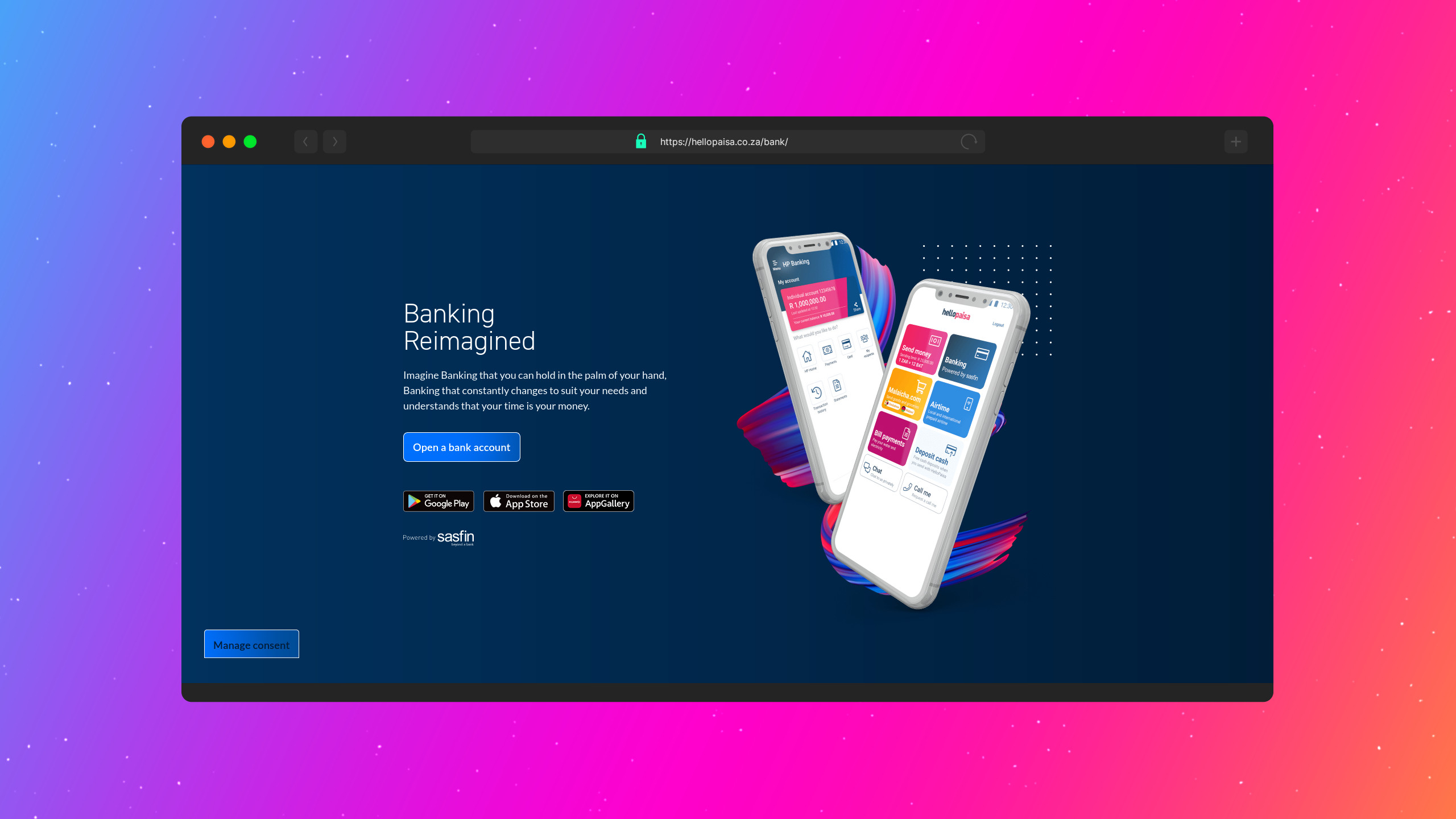 Hello Paisa 'Banking Reimagined' web page with two phones running the mobile banking app