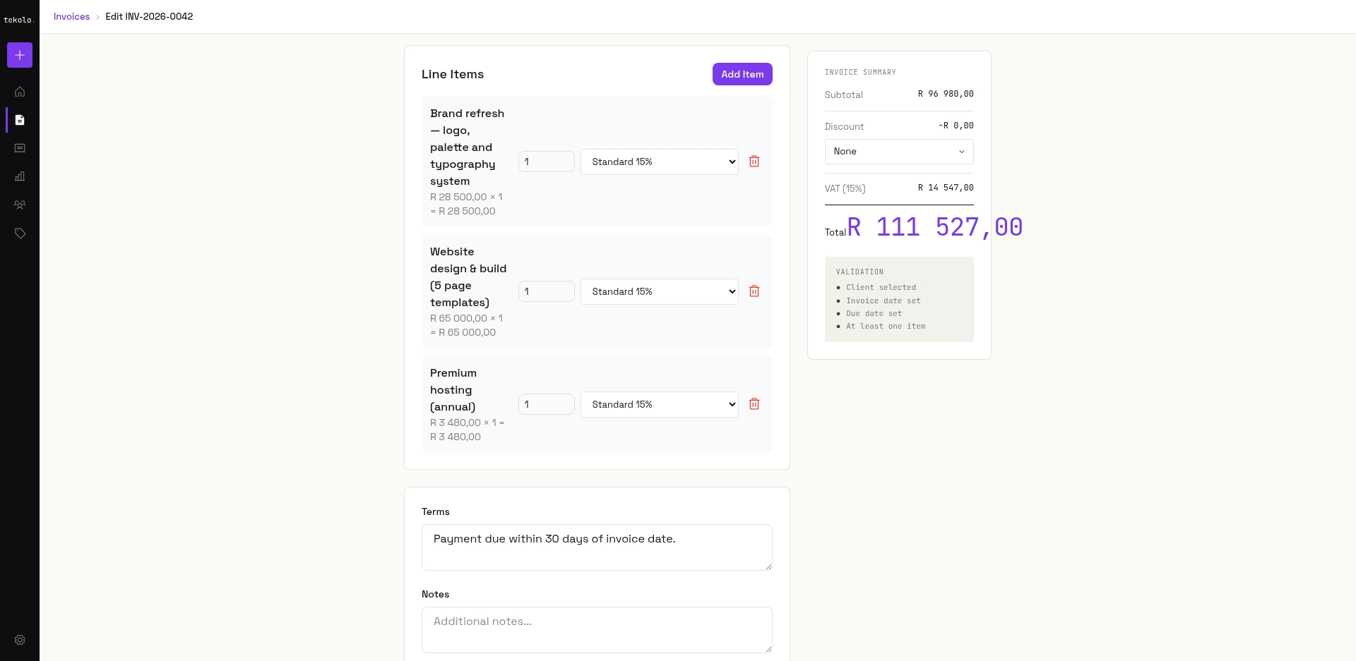 Tekolo invoice form with line items, 15% VAT and server-computed totals