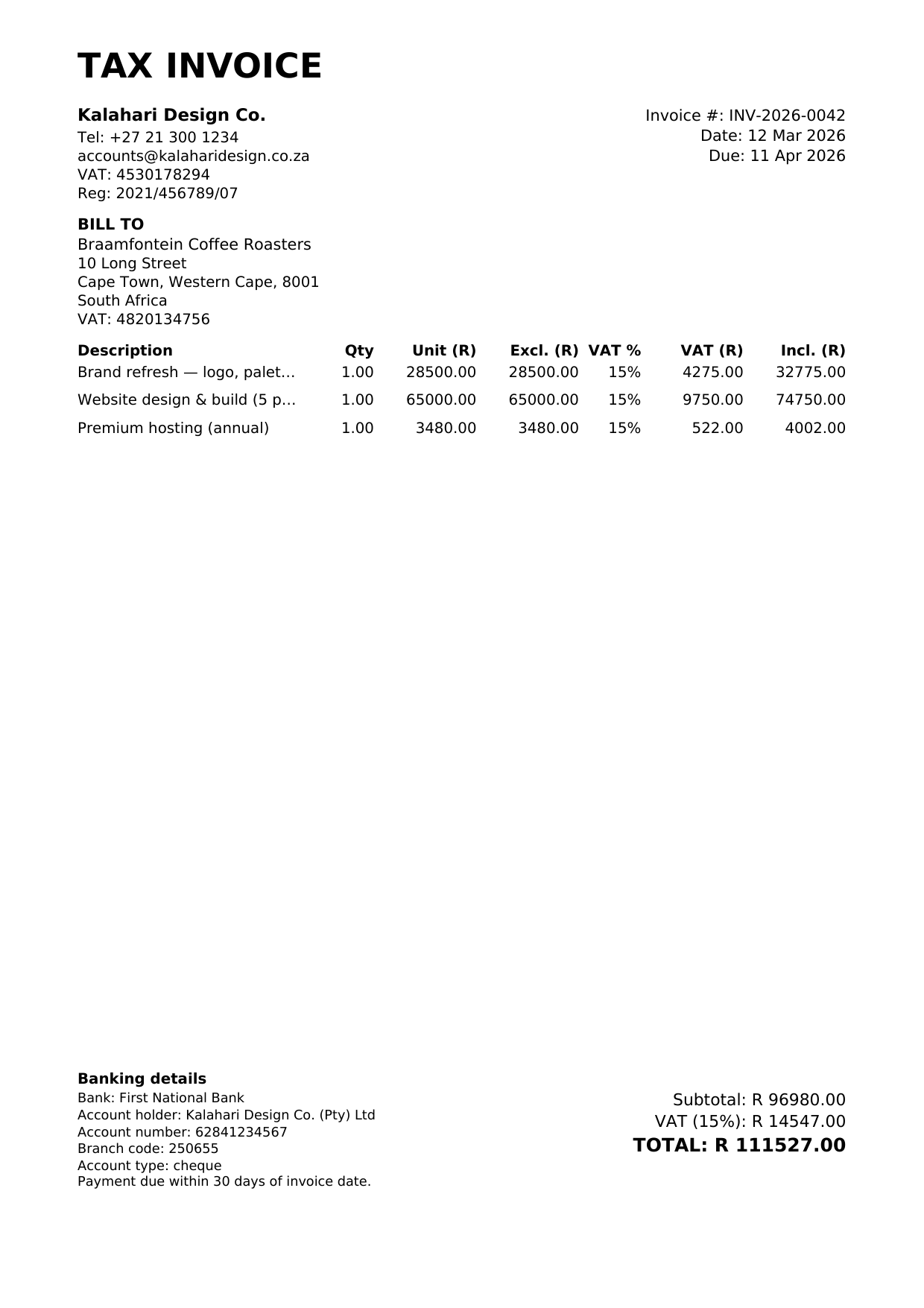 A SARS-compliant invoice PDF generated by Tekolo's pure-Zig PDF writer
